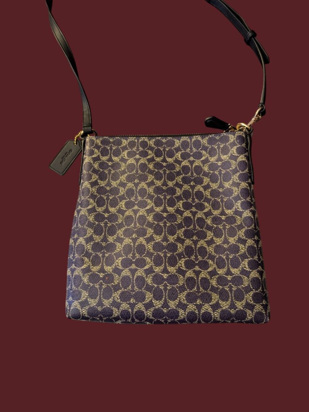 Coach Signature Purple And Black Leather Trim Coated Canvas Cross Body Purse - Picture 7 of 16